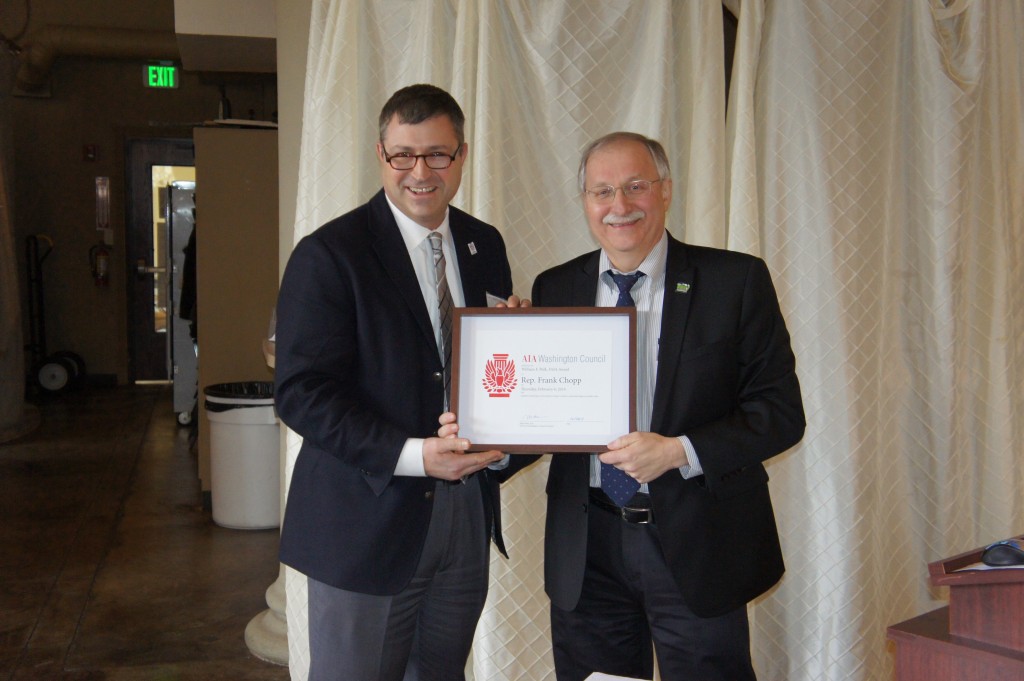 Rep. Frank Chopp receives William F. Polk FAIA Award from AIA/WA President Mike Slater, AIA